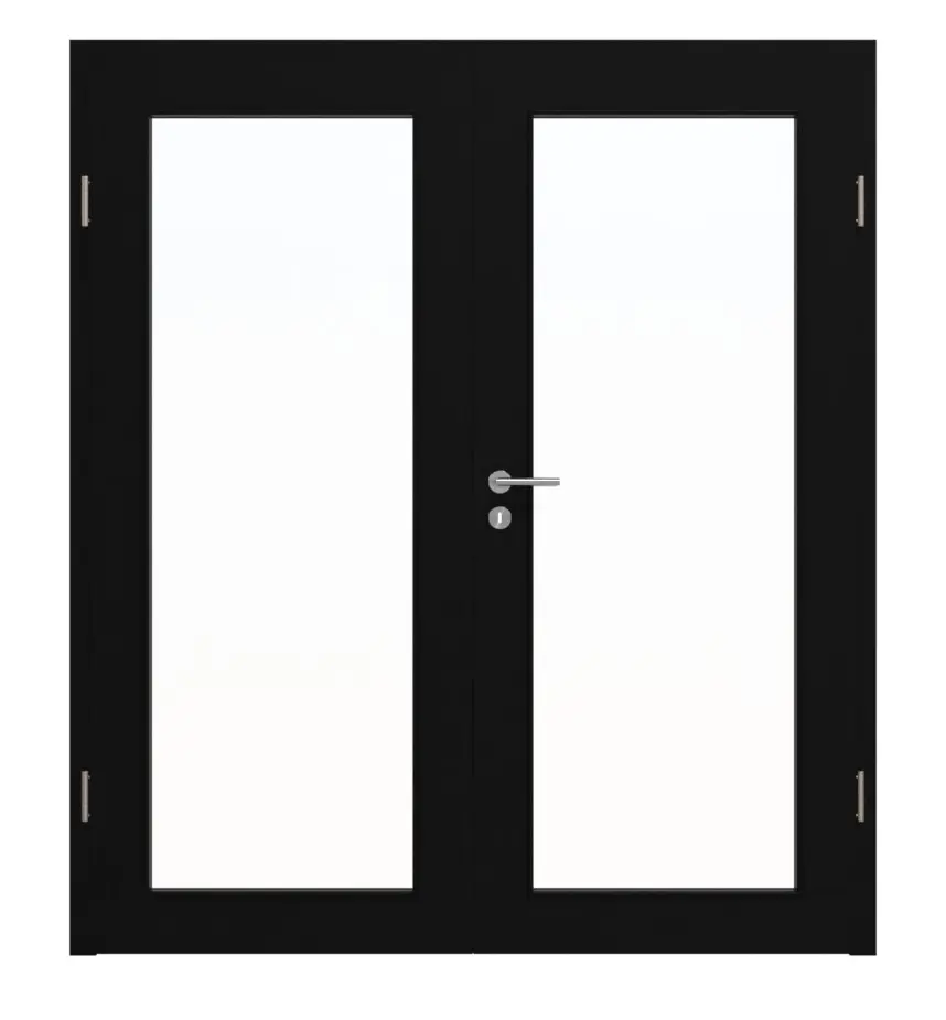 Widok frontowy firmy HÖRMANN drzwi dwuskrzydłowe ultramatowy czarny Proline Concepto z przeszkleniem LA 27 z ościeżnicą