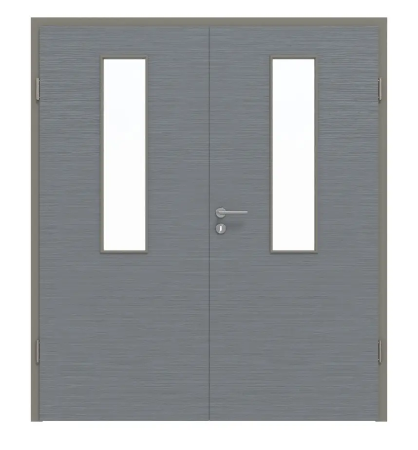 Widok frontowy drzwi dwuskrzydłowych 4 LA na środku strukturyzowana Hygge szary Basic z ościeżnicą - Huga