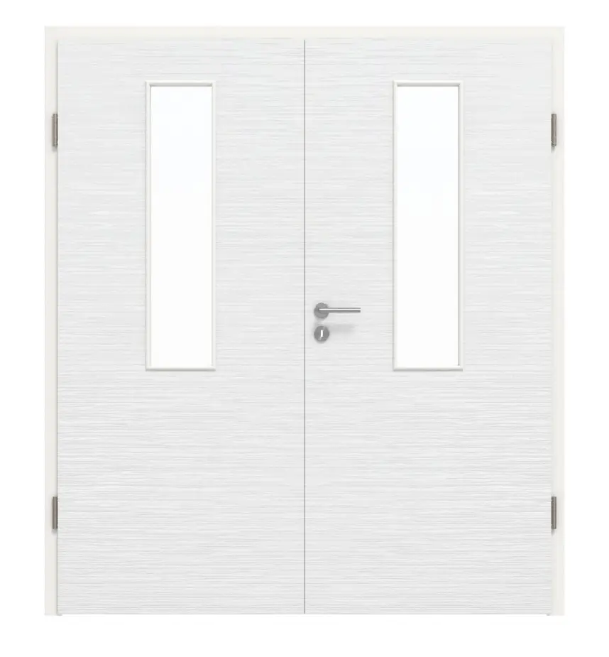 Widok frontowy drzwi dwuskrzydłowych LA 4 biel strukturyzowana Basic z ościeżnicą - Huga