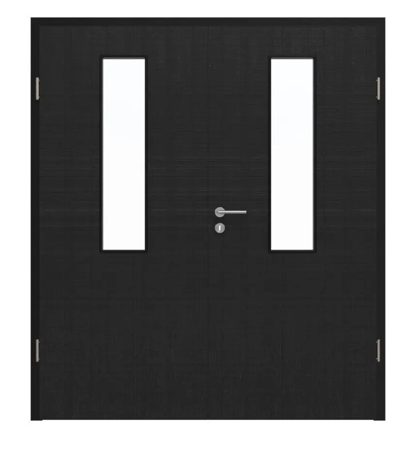 Widok frontowy HÖRMANN drzwi dwuskrzydłowe len czarny Proline Concepto z przeszkleniem 4 LA na środku z ościeżnicą