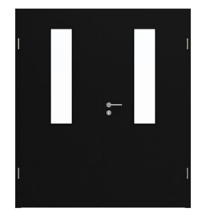 Widok frontowy marki HÖRMANN, drzwi dwuskrzydłowe, ultramatowy czarny Proline Concepto z przeszkleniem 4 LA na środku z ościeżnicą.