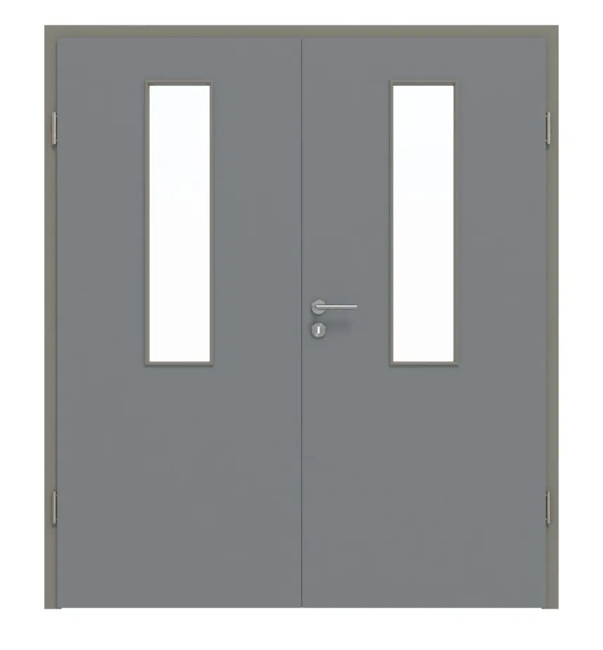 Widok frontowy: drzwi dwuskrzydłowe 4 LA na środku ultramatowy Hygge szary Basic z ościeżnicą - Huga