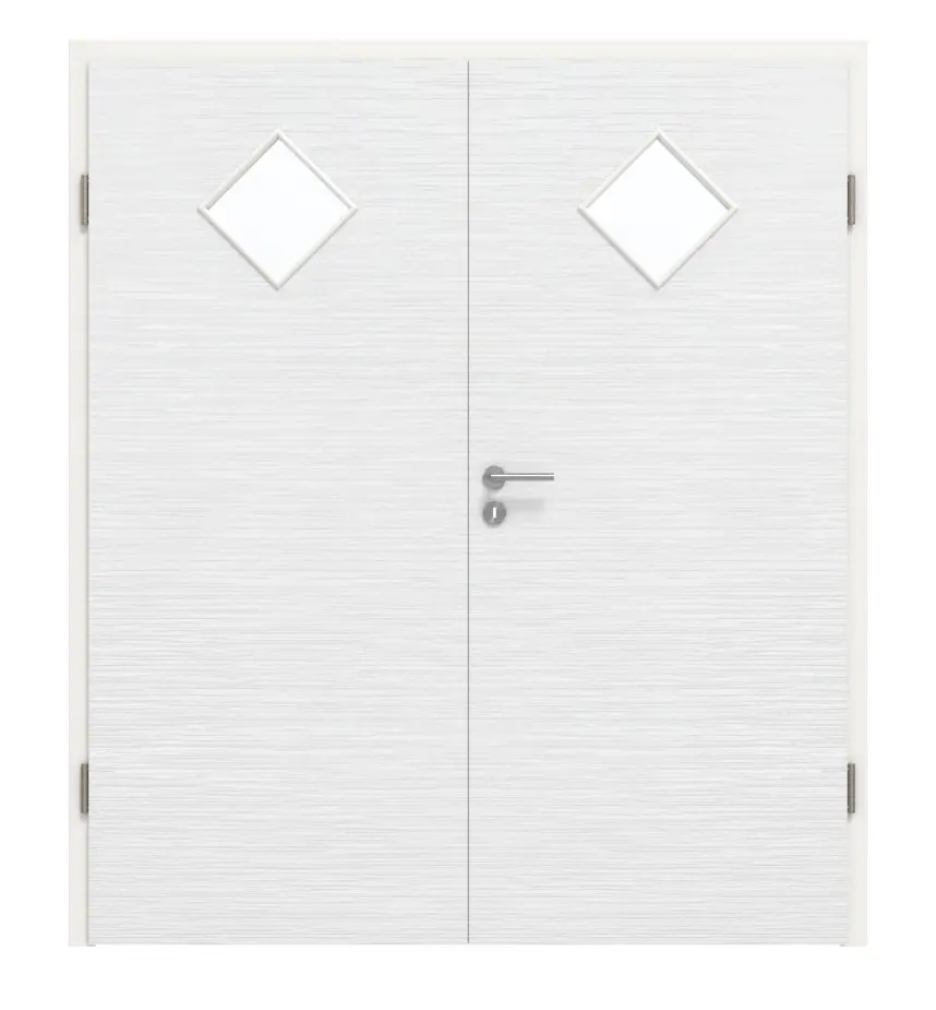 Widok frontowy drzwi dwuskrzydłowych LA 6 biel strukturyzowana Basic z ościeżnicą - Huga