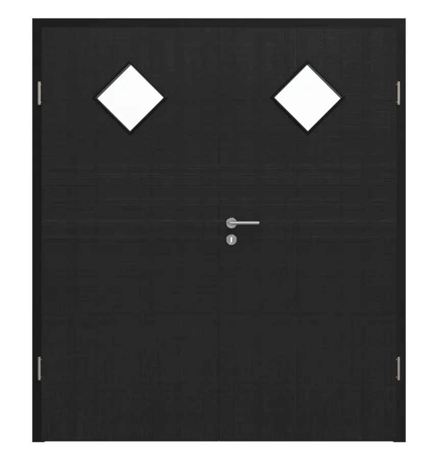 Widok frontowy marki HÖRMANN drzwi 2-skrzydłowe czarny lniany Proline Concepto z przeszkleniem LA 6 Raute z ościeżnicą.
