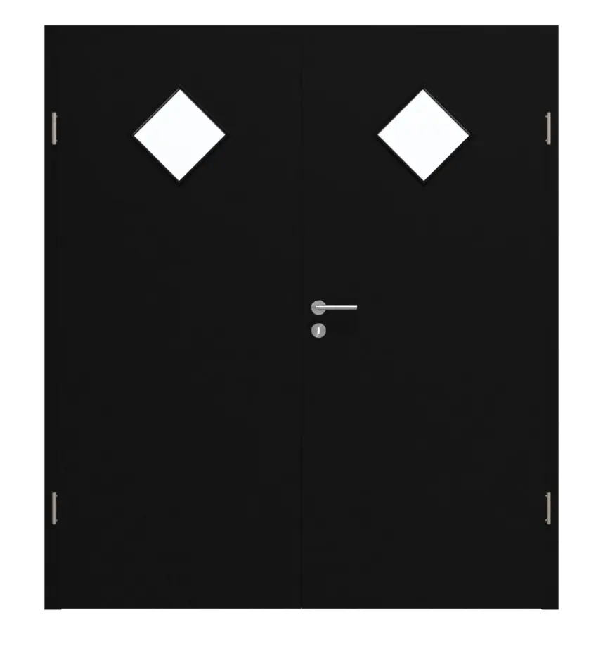 Widok frontowy marki HÖRMANN, drzwi dwuskrzydłowe ultramatowy czarny Proline Concepto z przeszkleniem LA 6 romb i ościeżnicą.