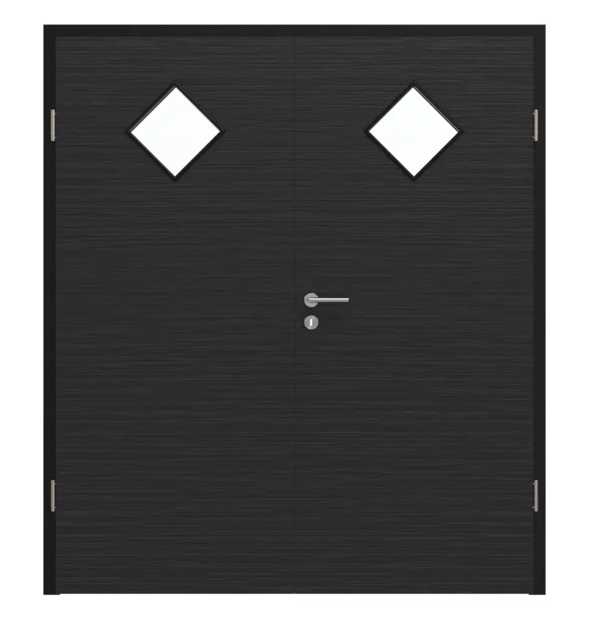 Widok frontowy drzwi dwuskrzydłowych HÖRMANN, Łupek czarny Proline Concepto z przeszkleniem LA 6 Raute z ościeżnicą.