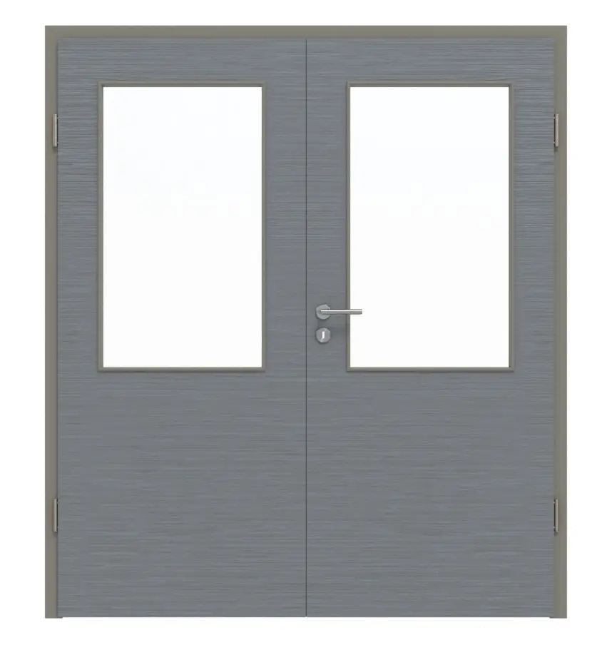 Widok frontowy drzwi dwuskrzydłowych LA 7 strukturyzowanych Hygge szary Basic z ościeżnicą - Huga