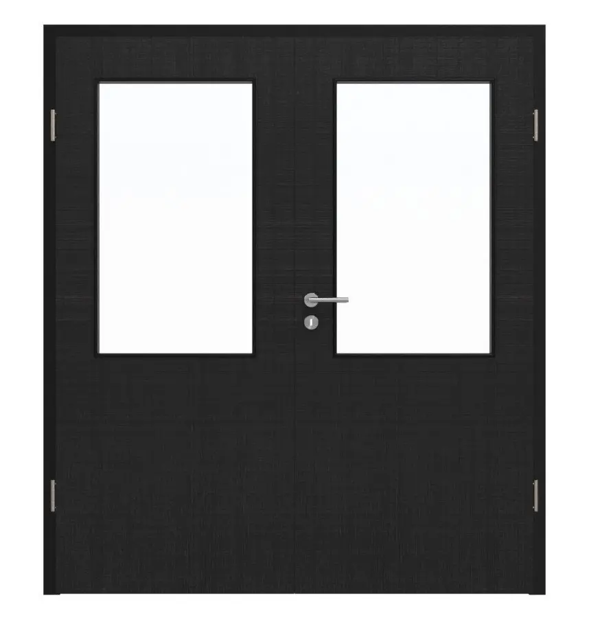 Widok frontowy marki HÖRMANN drzwi dwuskrzydłowe lniany czarny Proline Concepto z przeszkleniem LA 7 z ościeżnicą