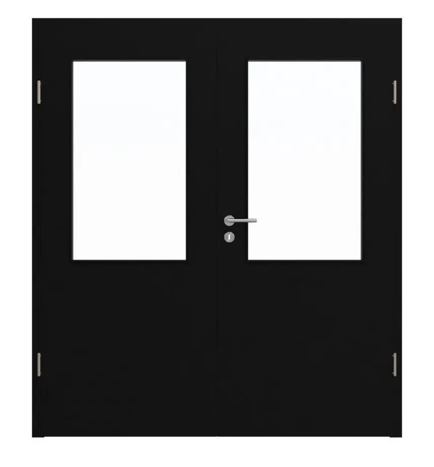 Widok frontowy drzwi dwuskrzydłowych HÖRMANN Proline Concepto, czarny ultramatowy z przeszkleniem LA 7 i ościeżnicą.