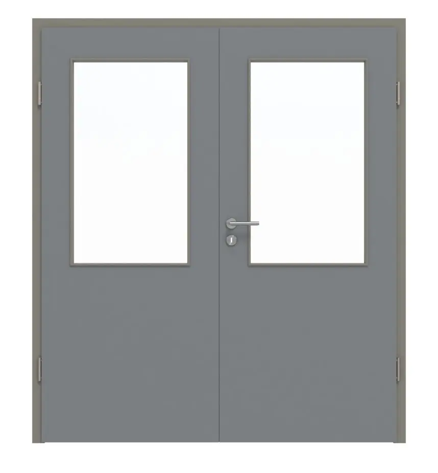 Widok frontowy drzwi dwuskrzydłowych LA 7 ultramatowy Hygge szary Basic z ościeżnicą - Huga