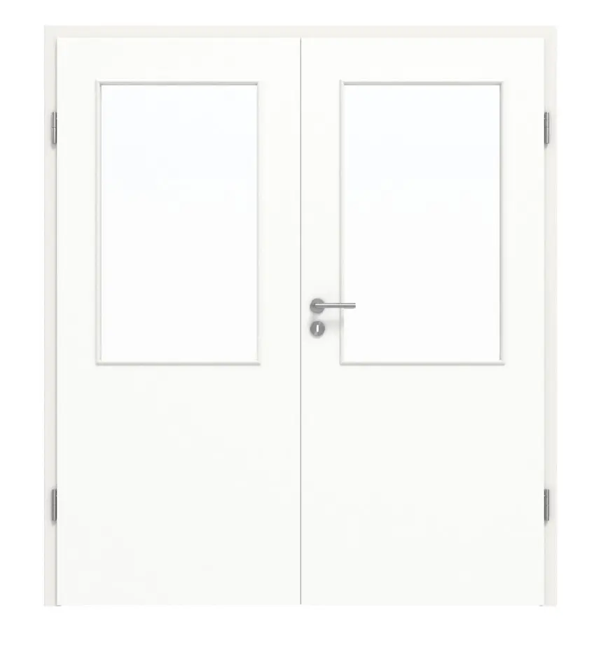 Widok frontowy drzwi dwuskrzydłowych LA 7 biel ultramatowa Basic wraz z ościeżnicą - Huga
