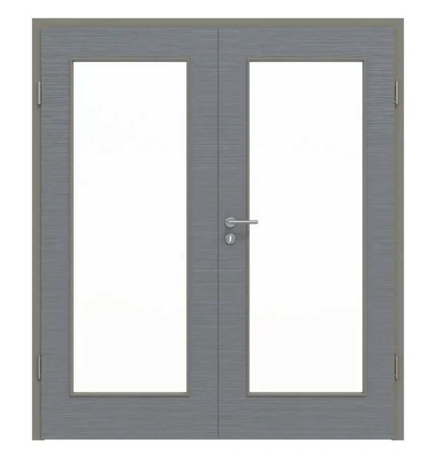 Widok frontowy drzwi dwuskrzydłowych LA 8 strukturyzowana Hygge szary Basic z ościeżnicą - Huga