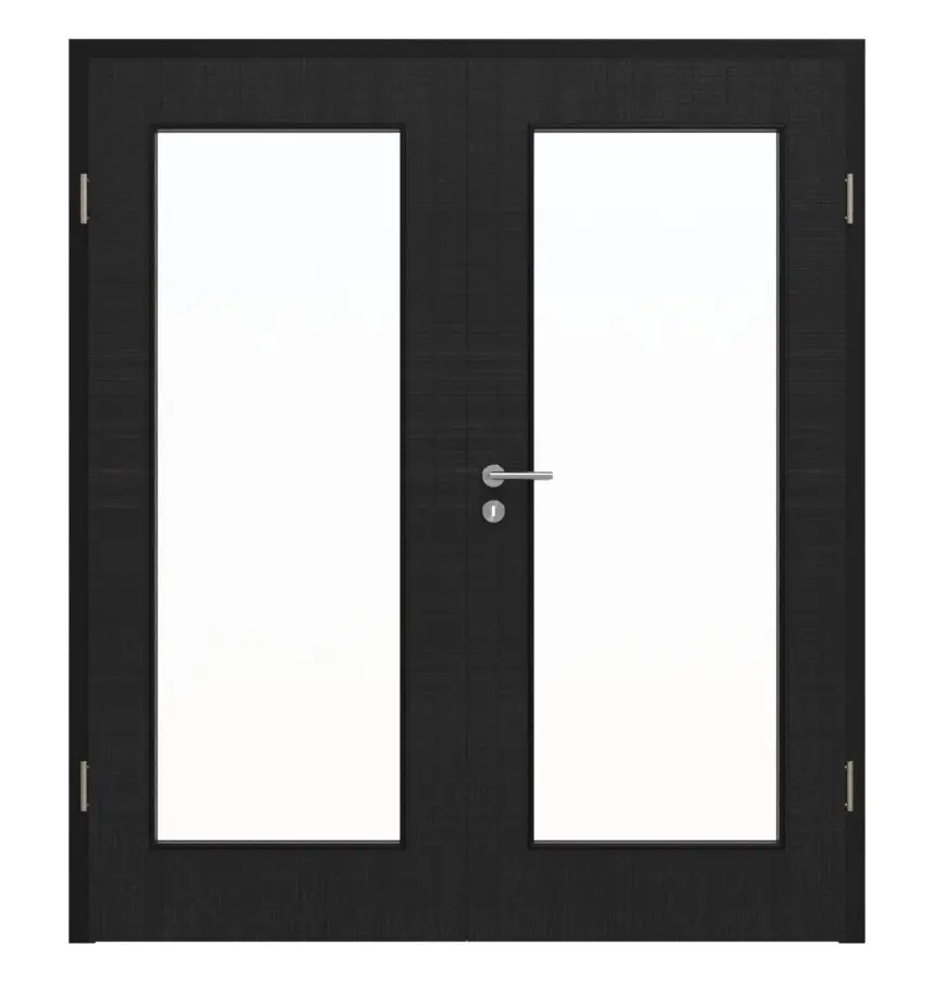 Widok frontowy drzwi dwuskrzydłowych HÖRMANN Leinen czarny Proline Concepto z przeszkleniem LA 8 i ościeżnicą.