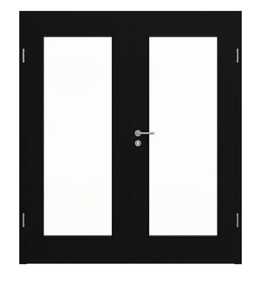 Widok frontowy drzwi dwuskrzydłowych marki HÖRMANN, czarny ultramatowy Proline Concepto z przeszkleniem LA 8 z ościeżnicą.
