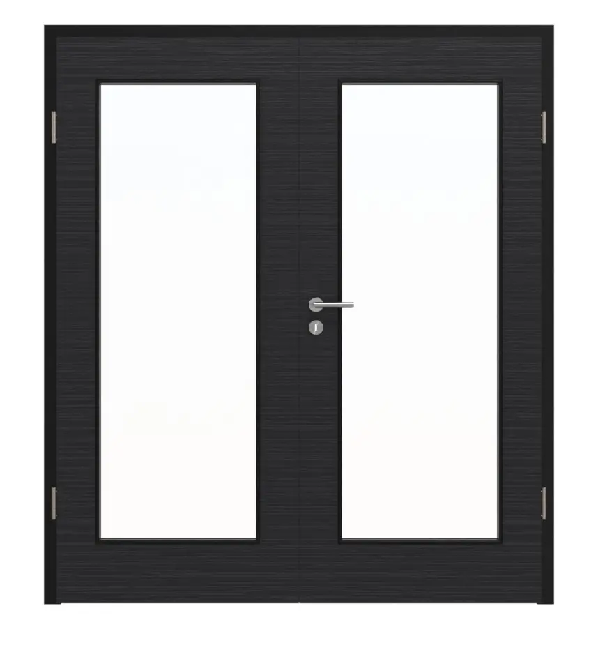 Widok frontowy marki HÖRMANN drzwi dwuskrzydłowe Łupek czarny Proline Concepto z przeszkleniem LA 8 z ościeżnicą.