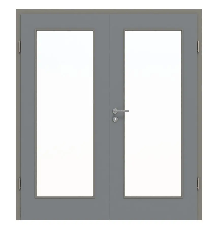 Widok frontowy drzwi dwuskrzydłowych LA 8 ultramatowy Hygge szary Basic z ościeżnicą - Huga