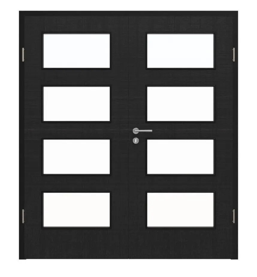 Widok frontowy drzwi dwuskrzydłowych HÖRMANN, czarny len Proline Concepto z przeszkleniem LA 9 z ościeżnicą.