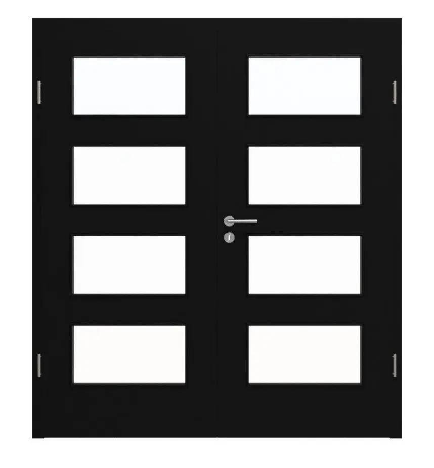 Widok frontowy drzwi dwuskrzydłowych marki HÖRMANN, ultramatowy czarny Proline Concepto z przeszkleniem LA 9 z ościeżnicą.