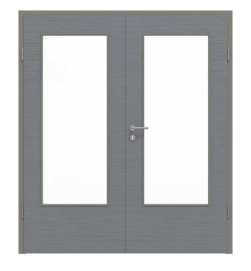 Widok frontowy drzwi dwuskrzydłowe LA-DIN strukturyzowana Hygge szary Basic wraz z ościeżnica - Huga