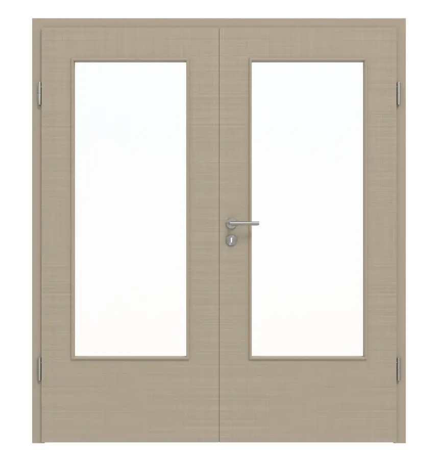 Widok frontowy drzwi dwuskrzydłowych DIN-LA Cotton like taupe (kolor ciemnoszaro-brązowy) Basic z ościeżnicą - Huga