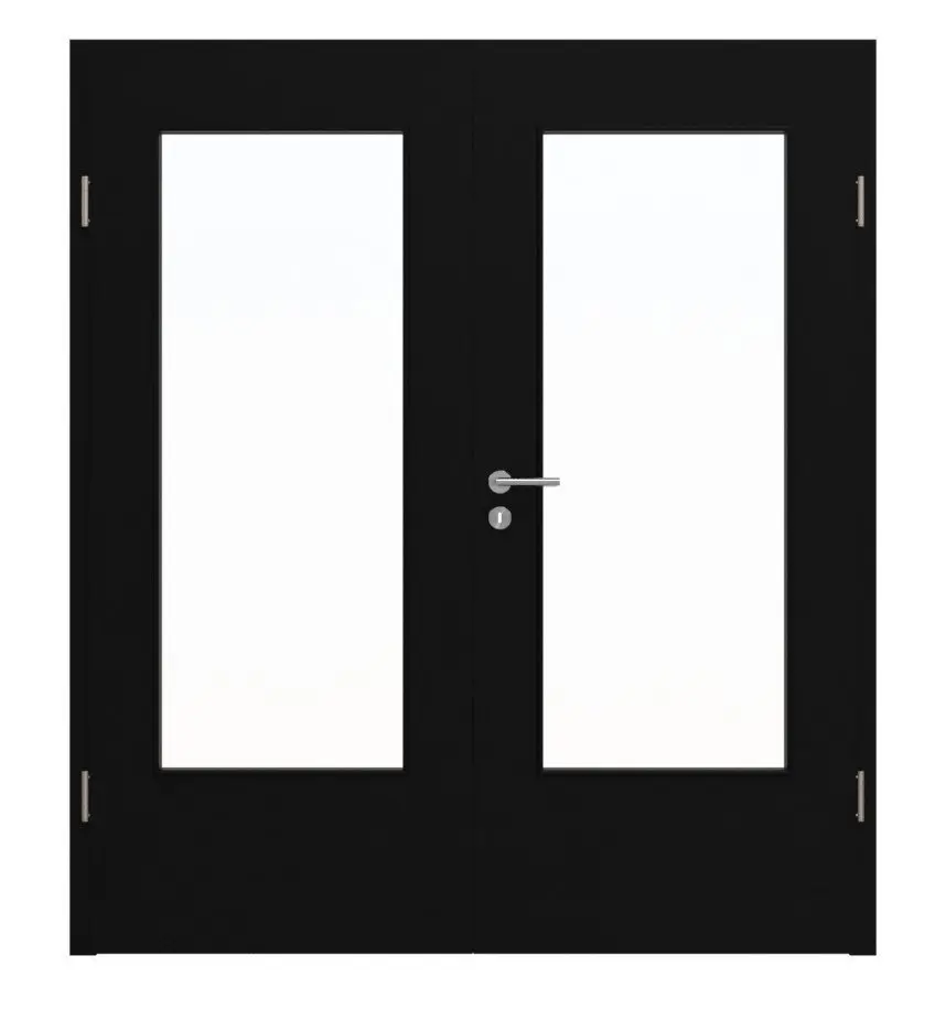 Widok frontowy drzwi dwuskrzydłowych HÖRMANN Proline Concepto, czarny ultramatowy, z przeszkleniem LA-DIN i ościeżnicą.