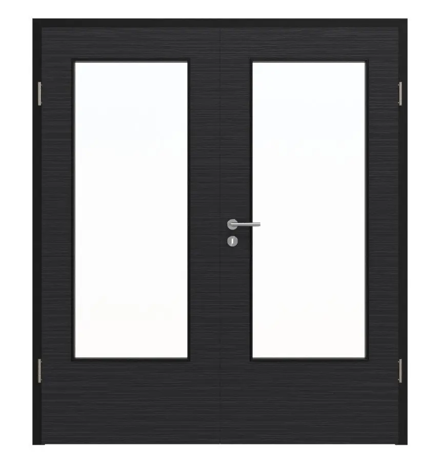 Widok frontowy marki HÖRMANN, drzwi dwuskrzydłowe Łupek czarny Proline Concepto z przeszkleniem LA-DIN z ościeżnicą