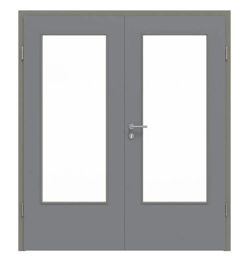 Widok frontowy drzwi dwuskrzydłowych LA-DIN ultramatowy Hygge szary Basic z ościeżnicą - Huga