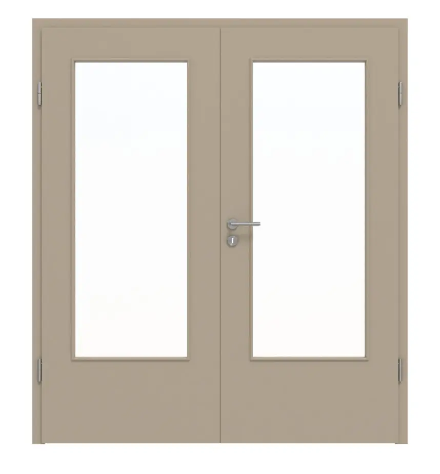 Widok frontowy drzwi dwuskrzydłowe DIN-LA ultramatowy taupe (kolor ciemnoszaro-brązowy) Basic z ościeżnicą - Huga