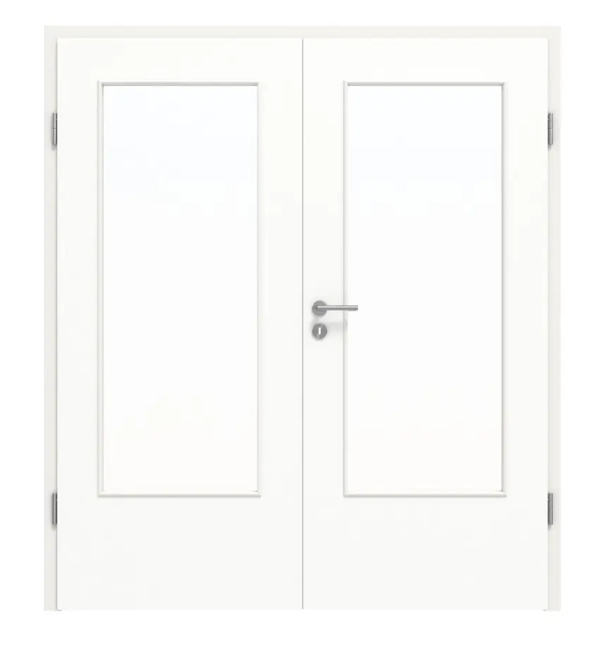 Widok frontowy drzwi dwuskrzydłowych DIN-LA biel ultramatowa Basic z ościeżnicą - Huga