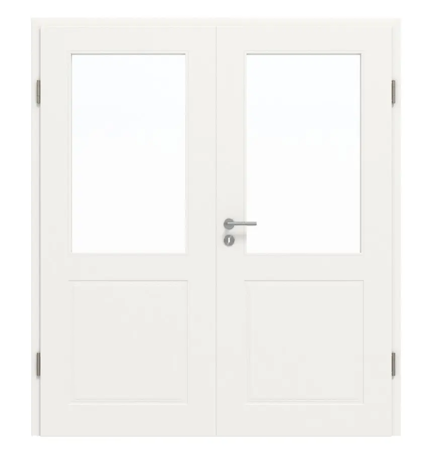 JELD-WEN drzwi dwuskrzydłowe Contour 2F biały błyszczący podobny do RAL 9016 ExpertLack z przeszkleniem LA-1G z ościeżnicą