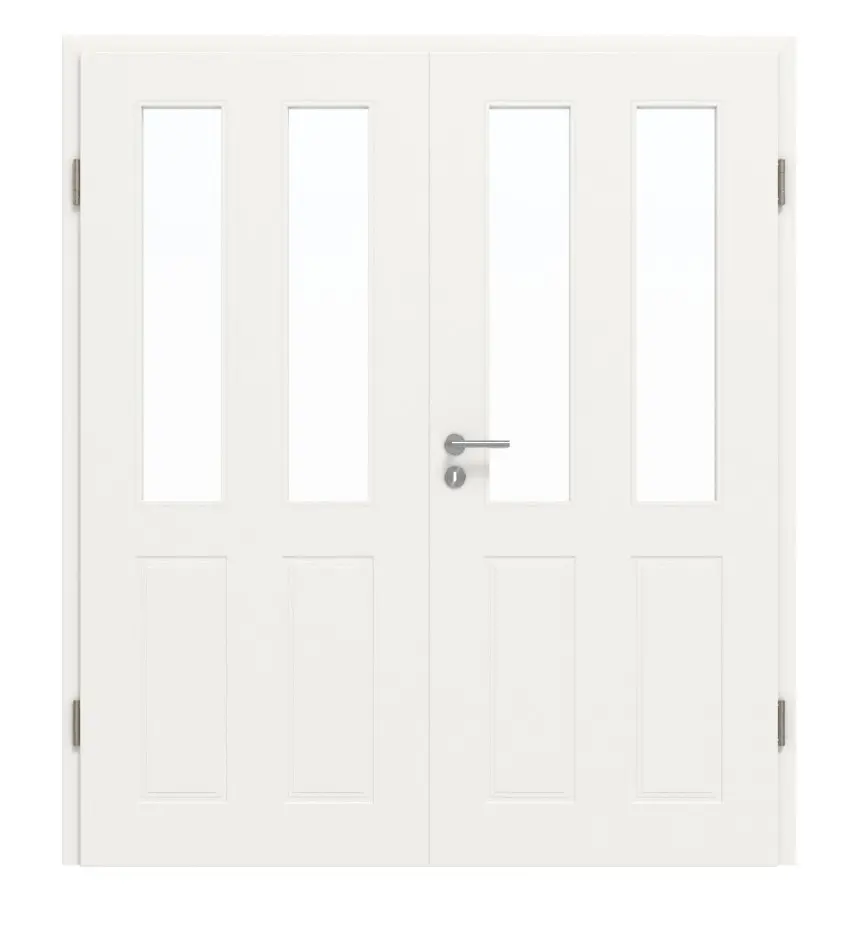 JELD-WEN drzwi dwuskrzydłowe Contour 4F białe błyszczące, podobnie do RAL 9016 ExpertLack z przeszkleniem LA-2G z ościeżnicą