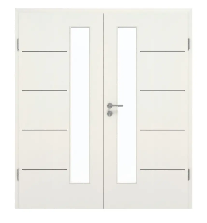 GARANT drzwi dwuskrzydłowe Corona 834 biel ze strukturą Premium CePaL z przeszkleniem LA-4 od strony zamka z ościeżnicą