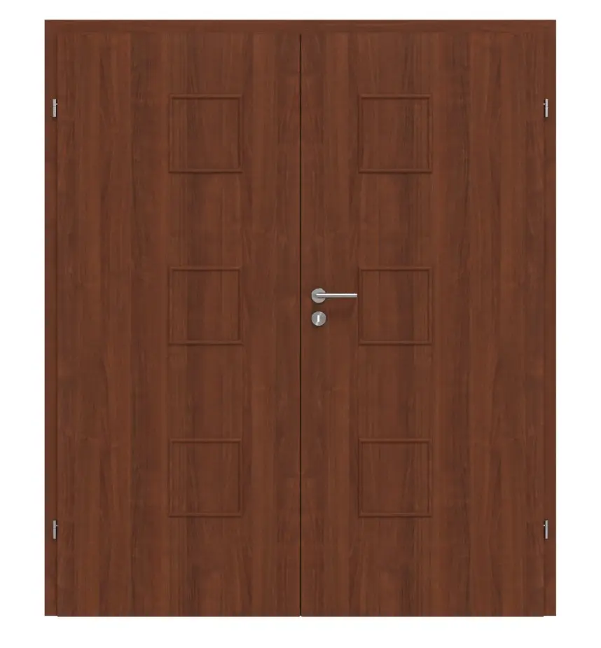 Widok frontowy drzwi dwuskrzydłowych Dexo M1 orzech włoski folia dekoracyjna z ościeżnicą