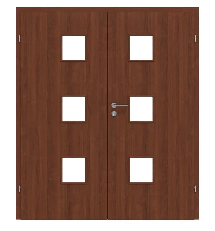 Widok frontowy drzwi dwuskrzydłowych Dexo M3 orzech włoski folia dekoracyjna z przeszkleniem i ościeżnicą.