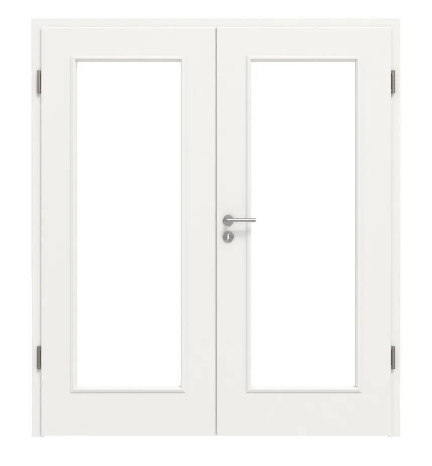 Widok frontowy drzwi dwuskrzydłowych styl wiejski 1 LA, klasyczny biały lakier, z ościeżnicą - Huga