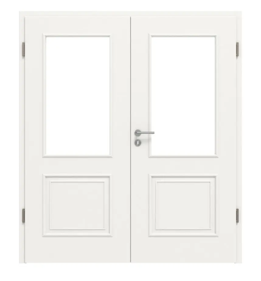 Widok z przodu: drzwi dwuskrzydłowe styl wiejski 2 LA, klasyczny biały lakier z ościeżnicą - Huga