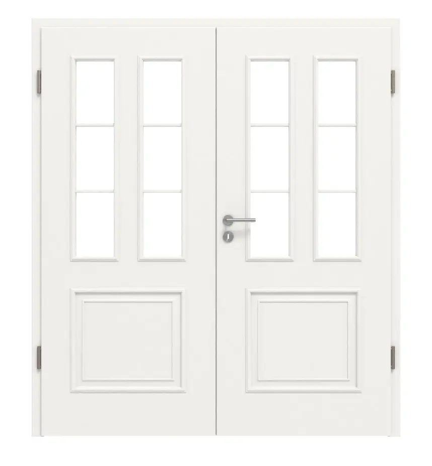 Widok frontowy drzwi dwuskrzydłowych w stylu wiejskim 3 LA szpros 1/3 klasyczny biały lakier z ościeżnicą - Huga