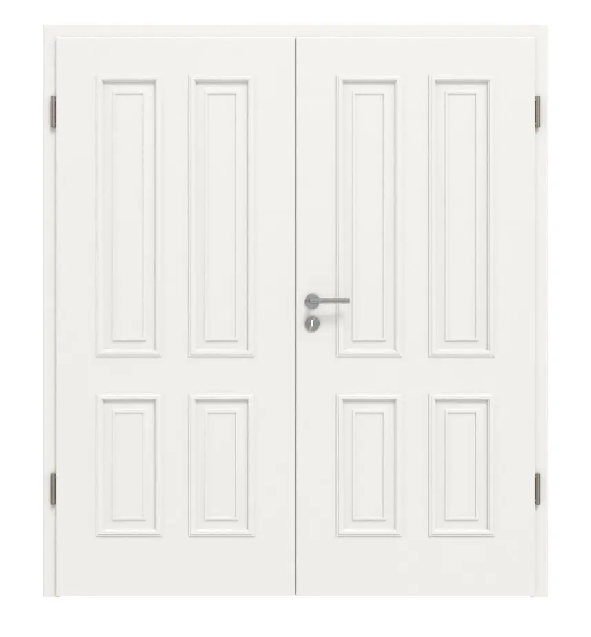 Widok frontowy drzwi dwuskrzydłowych Styl wiejski 4, klasyczny biały lakier, z ościeżnicą - Huga