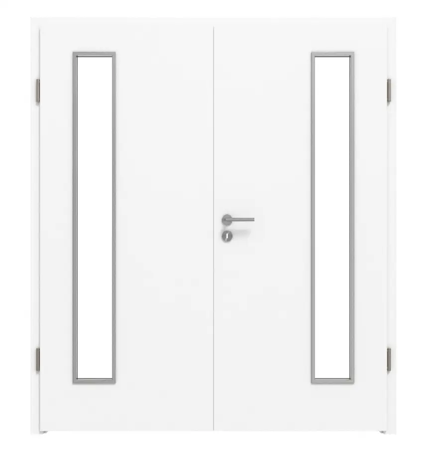 Widok frontowy drzwi dwuskrzydłowych WESTAG Acciaio Hamilton FX 5000 Fenix NTA z przeszkleniem LA-1B po stronie zawiasów wraz z ościeżnicą