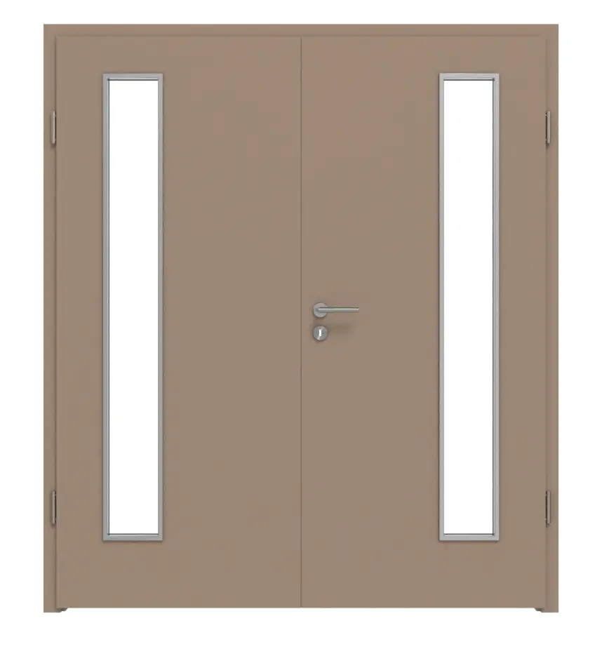 Widok frontowy drzwi dwuskrzydłowych WESTAG Acciaio Hamilton FX 5000 Fenix NTA z przeszkleniem LA-1B po stronie zawiasów wraz z ościeżnicą