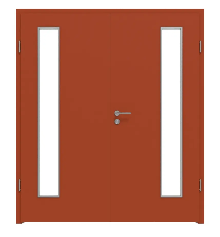 Widok frontowy drzwi dwuskrzydłowych WESTAG Acciaio Hamilton FX 5000 Fenix NTA z przeszkleniem LA-1B po stronie zawiasów wraz z ościeżnicą