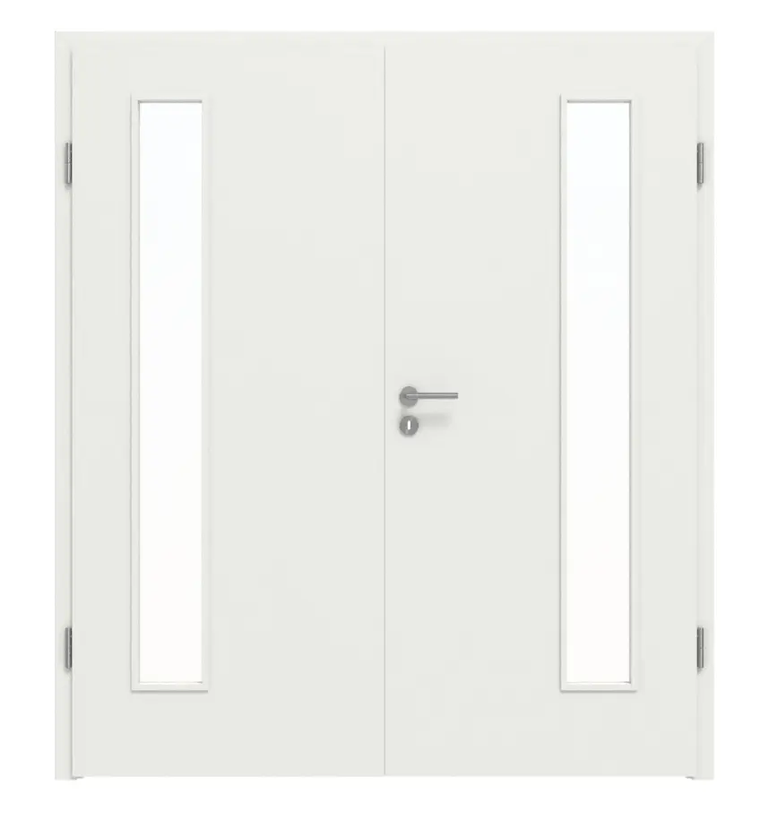 WESTAG drzwi dwuskrzydłowe sira biały (podobny do RAL 9003) WestaLack Soft z przeszkleniem LA-1B po stronie zawiasów w tym ościeżnica