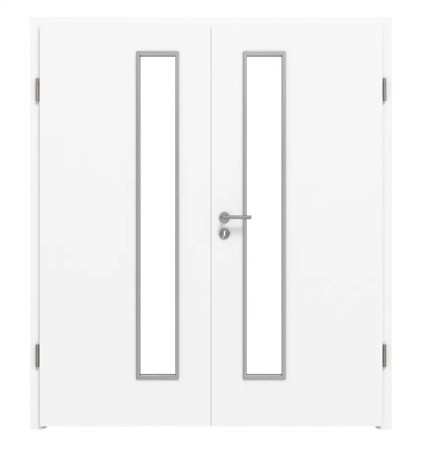 Widok frontowy marki WESTAG drzwi dwuskrzydłowe Acciaio Hamilton FX 5000 Fenix NTA z przeszkleniem LA-1D od strony zamka wraz z ościeżnicą