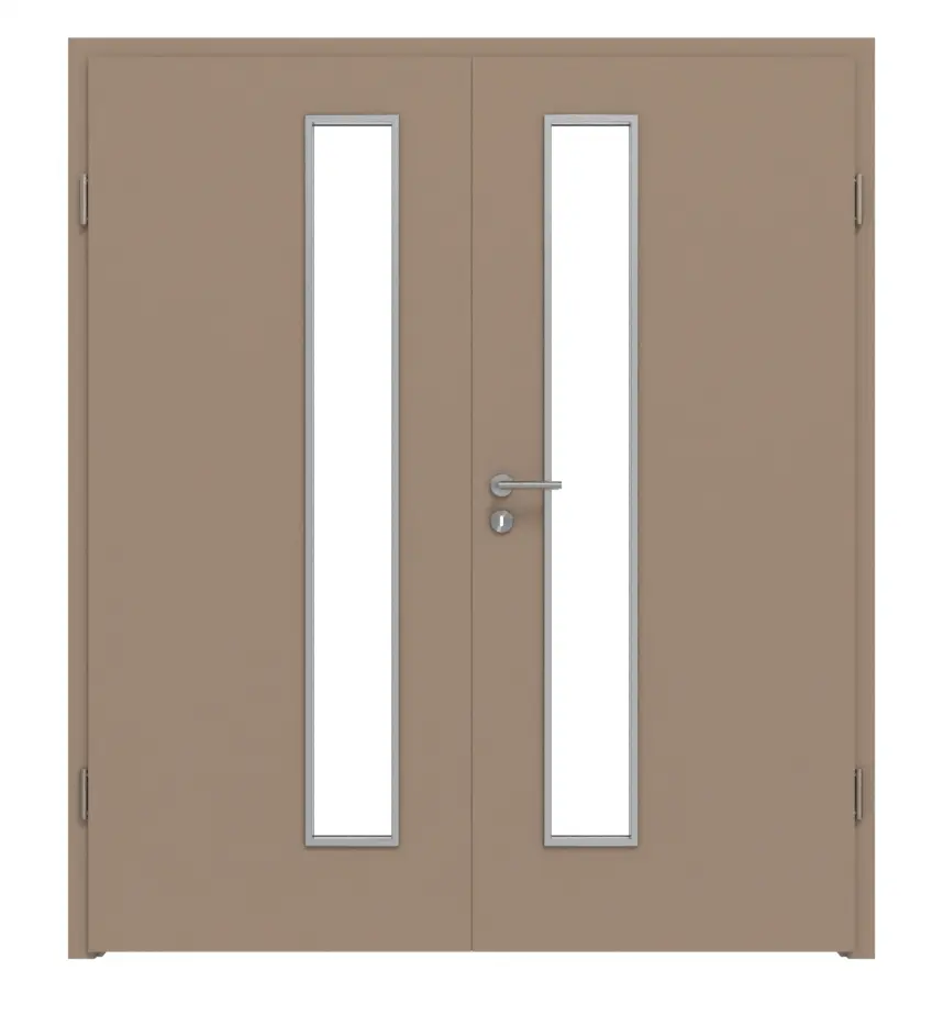 Widok frontowy marki WESTAG drzwi dwuskrzydłowe Acciaio Hamilton FX 5000 Fenix NTA z przeszkleniem LA-1D od strony zamka wraz z ościeżnicą