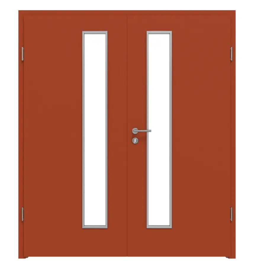 Widok frontowy marki WESTAG drzwi dwuskrzydłowe Acciaio Hamilton FX 5000 Fenix NTA z przeszkleniem LA-1D od strony zamka wraz z ościeżnicą