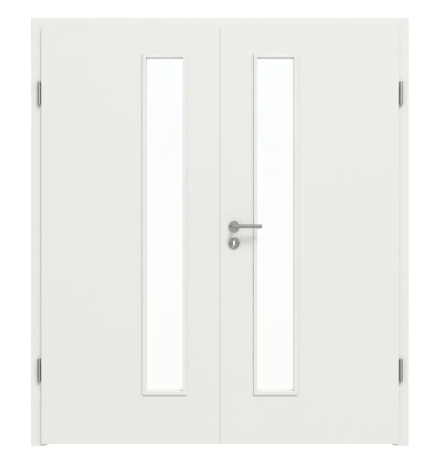 WESTAG 2-skrzydłowe sira biały (podobny do RAL 9003) WestaLack Soft z przeszkleniem LA-1D od strony zamka z ościeżnicą