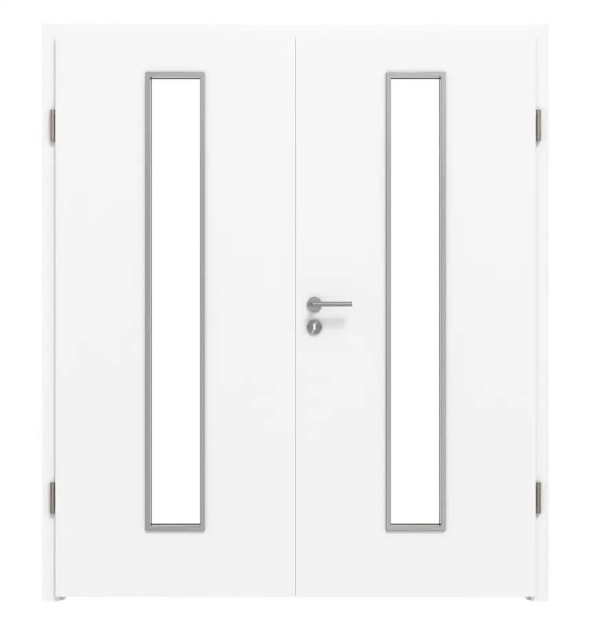 Widok frontowy marki WESTAG drzwi dwuskrzydłowe Acciaio Hamilton FX 5000 Fenix NTA z przeszkleniem LA-1 na środku wraz z ościeżnicą.