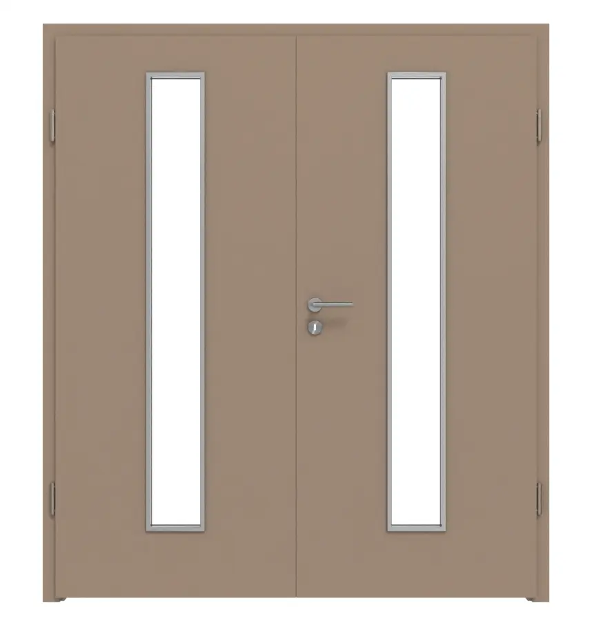 Widok frontowy marki WESTAG drzwi dwuskrzydłowe Acciaio Hamilton FX 5000 Fenix NTA z przeszkleniem LA-1 na środku wraz z ościeżnicą.