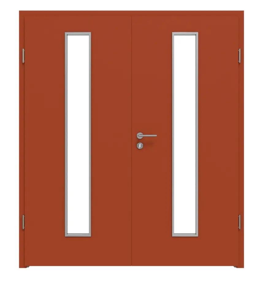 Widok frontowy marki WESTAG drzwi dwuskrzydłowe Acciaio Hamilton FX 5000 Fenix NTA z przeszkleniem LA-1 na środku wraz z ościeżnicą.