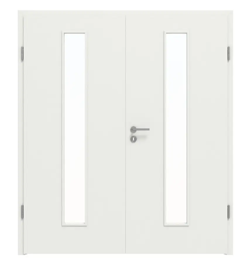 WESTAG drzwi dwuskrzydłowe sira biały (podobny do RAL 9003) WestaLack Soft z przeszkleniem LA-1 na środku w zestawie z ościeżnicą